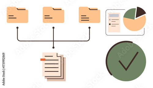 File folders linked to a document, charts showing statistics, and a checkmark representing success. Ideal for organization, management, productivity, analytics, task completion, recordkeeping
