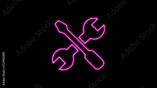 A neon pink icon representing a crossed wrench and screwdriver, symbolizing repair and maintenance, isolated on black background