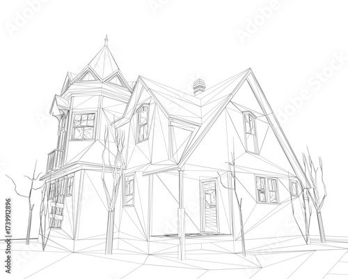 Abandoned house wireframe drawing in black and white, featuring detailed architectural sketch with surrounding trees and natural backdrop.