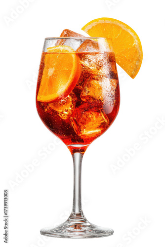 A vibrant Aperol Spritz cocktail.  Orange slice garnish