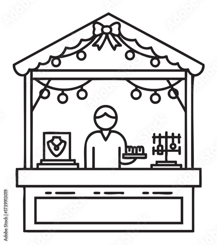 Outline of a market stall with a male vendor holding jewelry, showcasing a decorative booth adorned with string lights and a festive bow.