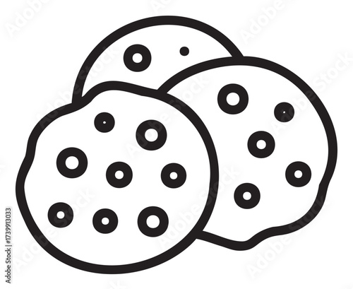Simple black outline icon of three overlapping cookies with chocolate chips, depicting a sweet treat or dessert concept.