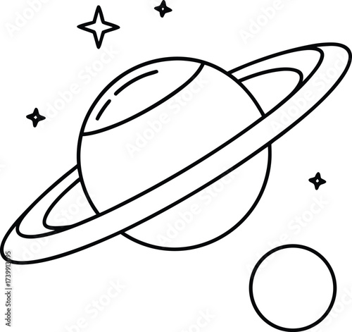space station orbiting Saturn coloring vector illustration on transparent background
