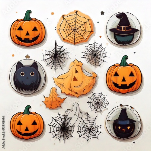 Halloween Icons Set With Pumpkins & Witch Hats