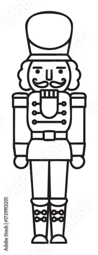 Black outline illustration of a classic nutcracker figurine, showcasing a military-style uniform with a large hat and ornate details.