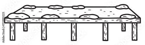 Black outline vector icon of a simple outdoor rectangular table with rough rock decorations on top. minimal linear illustration for outdoor furniture and design concepts.