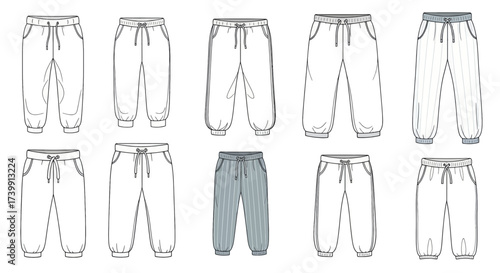 Set of sweatpants fashion flat technical sketches template.