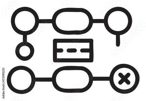 Black outline icon of a flowchart with interconnected circles and lines, including a central rectangular element and an x within one circle.