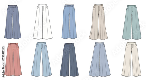 Set of womens wideleg pants in various colors fashion flat sketch template.