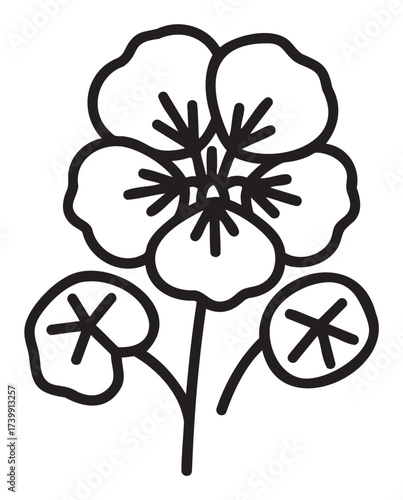 Black outline vector icon of a simple flower with broad petals and round leaves, capturing nature and botanical themes.