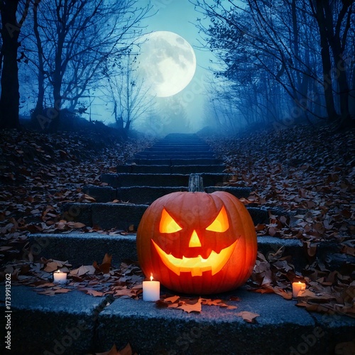 Halloween Pumpkin on Staircase Under Moon