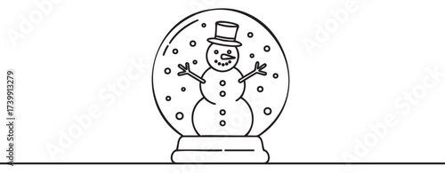 Black outline drawing of a winter snow globe featuring a cheerful snowman wearing a top hat surrounded by falling snowflakes.