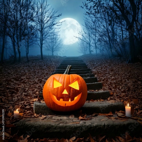 Spooky Halloween Pumpkin on Stone Stairs