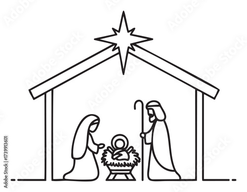Simple black outline drawing of a nativity scene featuring the holy family under a stable with a star above.
