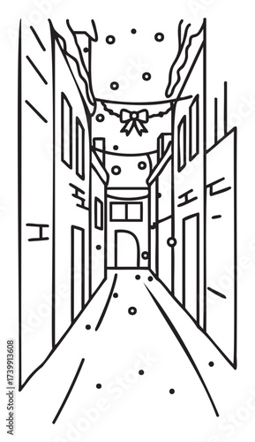Black outline vector drawing of a snow-covered, narrow alley with tall buildings and a festive wreath hanging above.