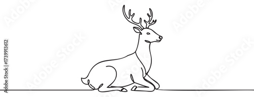 Simple black outline illustration of a seated deer with antlers in a minimalistic linear style on a .