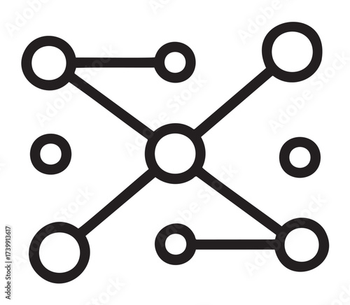 Black outline vector icon of interconnected circles forming a network, representing connectivity and relationships.