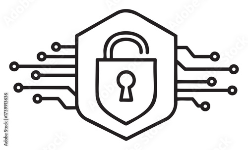 Black outline of a padlock inside a shield with circuit lines extending outward, representing cybersecurity and data protection.