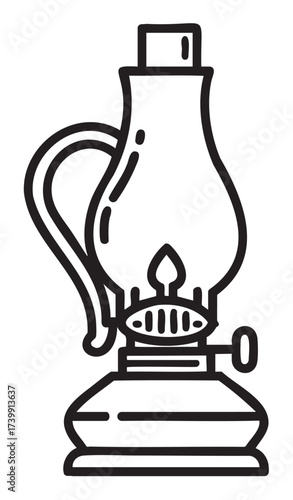 Black outline drawing of a vintage kerosene lamp with a curved handle, detailed burner, and broad base.