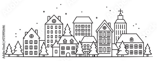Black outline vector illustration of a row of charming houses with various architectural styles, surrounded by trees and stars in the sky.