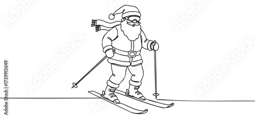 Black outline illustration of santa claus skiing downhill with a scarf and ski poles, wearing a santa hat and sunglasses.