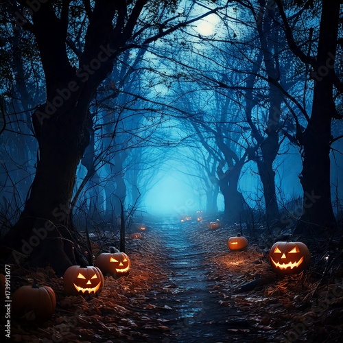 Spooky Halloween Forest Path with Glowing Pumpkins