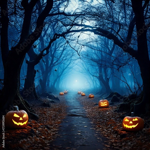 Spooky Forest Path with Jack-o'-Lanterns