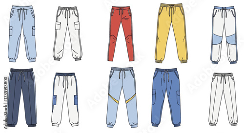 Set of colorful casual sweatpants and joggers vector illustration Fashion technical drawing of various sports trousers.