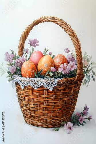 Woven basket filled with colorful eggs and delicate flowers celebrates spring’s gentle beauty.