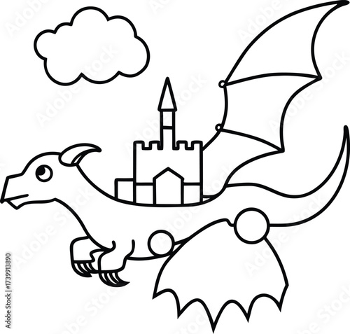 steam powered dragon flying above city coloring vector illustration on transparent background