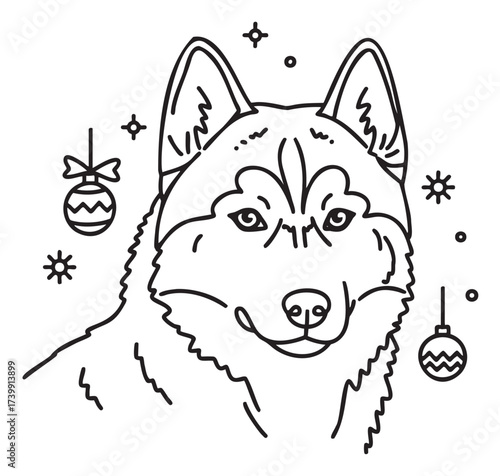 Black outline drawing of a siberian husky surrounded by decorative hanging ornaments and snowflakes, suitable for festive and winter-themed concepts.