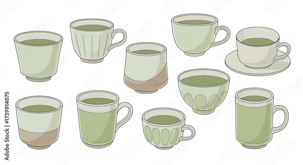 Fototapeta premium Set of various ceramic cups and mugs with green tea illustration.