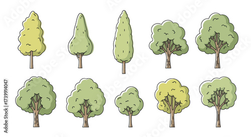 Set of various cartoon trees isolated on a white background.