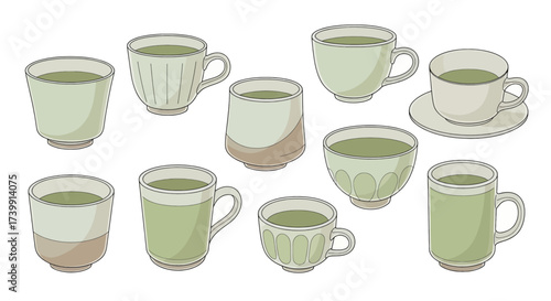 Set of various ceramic cups and mugs with green tea illustration.