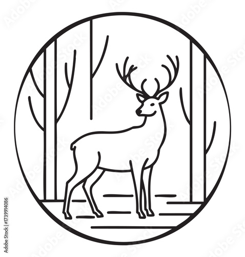 Black outline vector icon of a deer with antlers standing among trees in a circular frame, representing nature and wildlife.