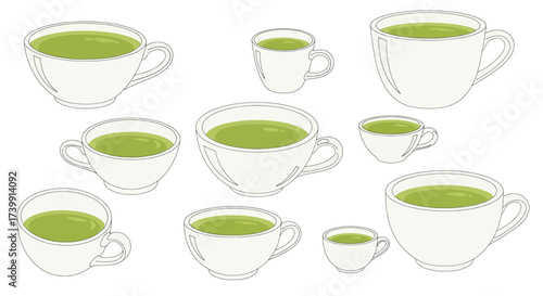 Collection of various white cups with green matcha tea illustration.