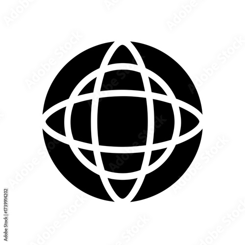Black globe with white orbital lines icon on transparent background silhouette
