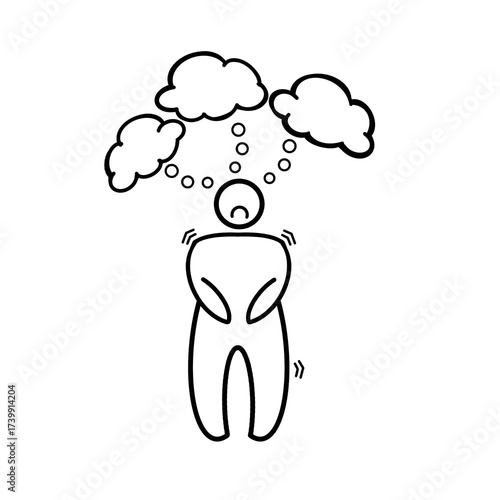 Stressed stick figure overwhelmed by negative thoughts and anxiety, feeling anxious and insecure as clouds of worry hover overhead in mental health concept
