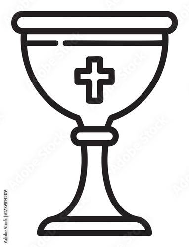 Black outline icon of a simple chalice with a cross symbol, representing religious concepts and ceremonies.