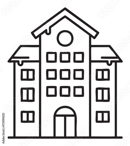 Black outline vector icon of a multi-story building with a triangular roof and multiple windows, showcasing a simplistic architectural design.