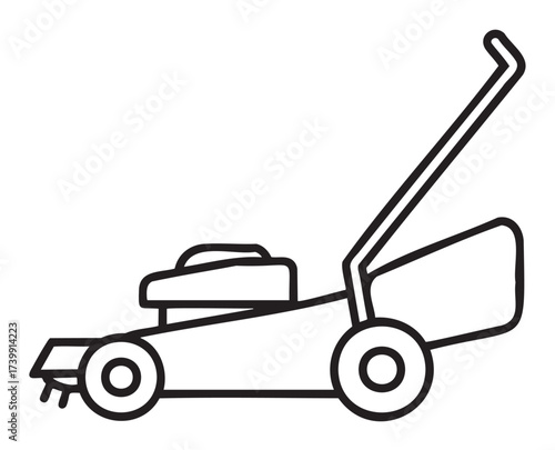 Black outline vector of a simple lawn mower with a handle and two wheels. minimal linear illustration for gardening and landscaping concepts.