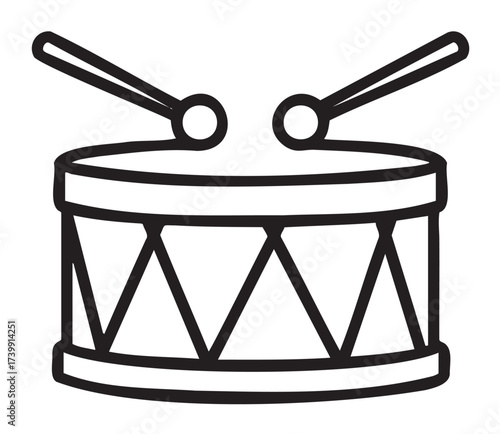 Black outline vector icon of a simple snare drum with two drumsticks on top. minimal linear illustration for music and percussion concepts.