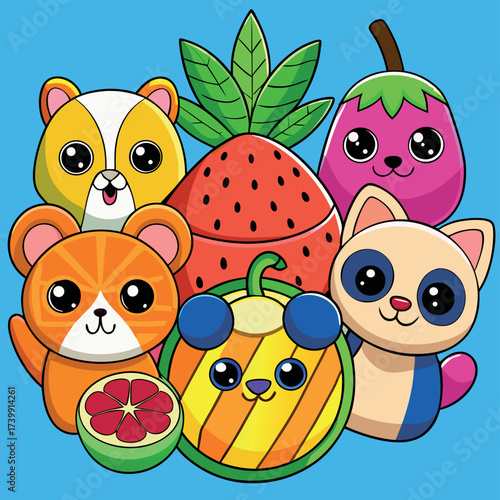 Adorable kawaii fruit animal mashups set featuring cute hamster cat panda strawberry pineapple grapefruit