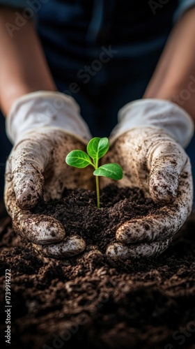 Close-up of Gloved Hands Holding Soil with Small Plant on Clean Background Vertical