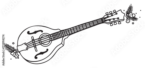 Black and line drawing of a mandolin with intricate design details on its body and headstock.