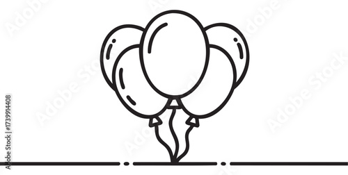 Black outline drawing of five helium balloons grouped together, displayed with minimal detailing and clean lines.