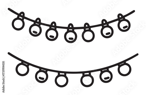 Black outline illustration of two strings of hanging circular light bulbs, commonly used for decorative purposes, depicted in a minimal linear style.