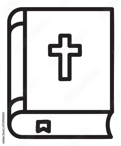 Black outline icon of a closed book with a christian cross and a bookmark, representing religious literature or theology study.