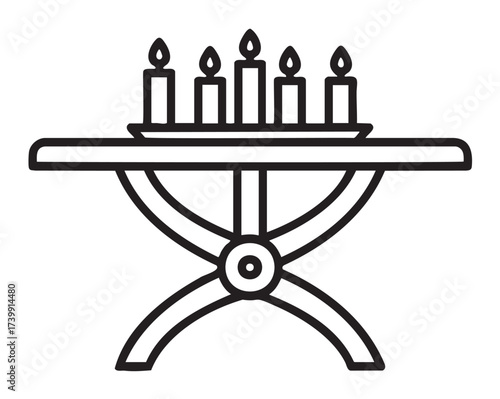 Minimalist black outline icon of a table holding six lit candles, symbolizing warmth, celebration, and ambiance.