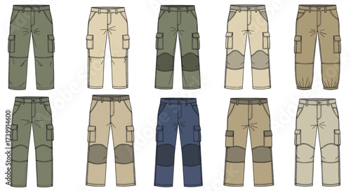 Set of mens cargo pants technical fashion flat sketch vector templates.